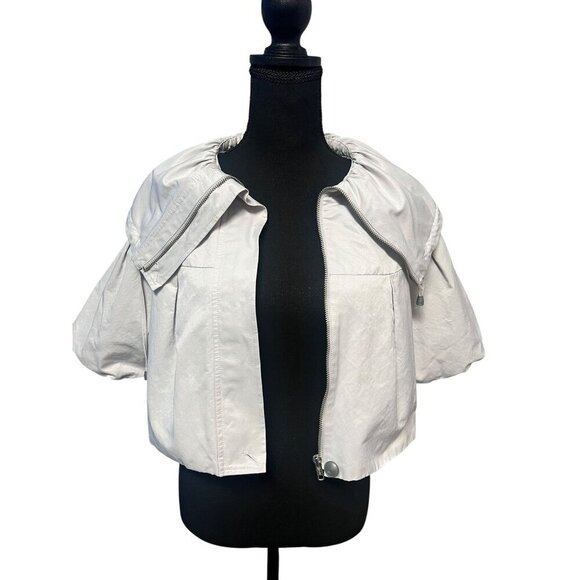 ELLE White Cropped Jacket With Puffy Sleeves & Zipper OFFICE ATTIRE WORKATTIRE - Picture 10 of 12